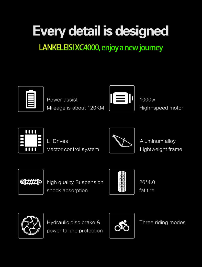 Lankeleisi XC4000 1000W 26" Electric Fat Bike 840Wh E-Mountain Bike EMTB 48V 17.5Ah Battery - Buybestgear