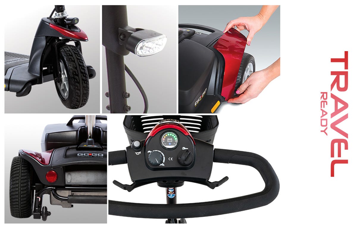Images of a mobility scooter showcasing its features, including wheels, controls, and a person adjusting a panel. Text reads "TRAVEL READY."