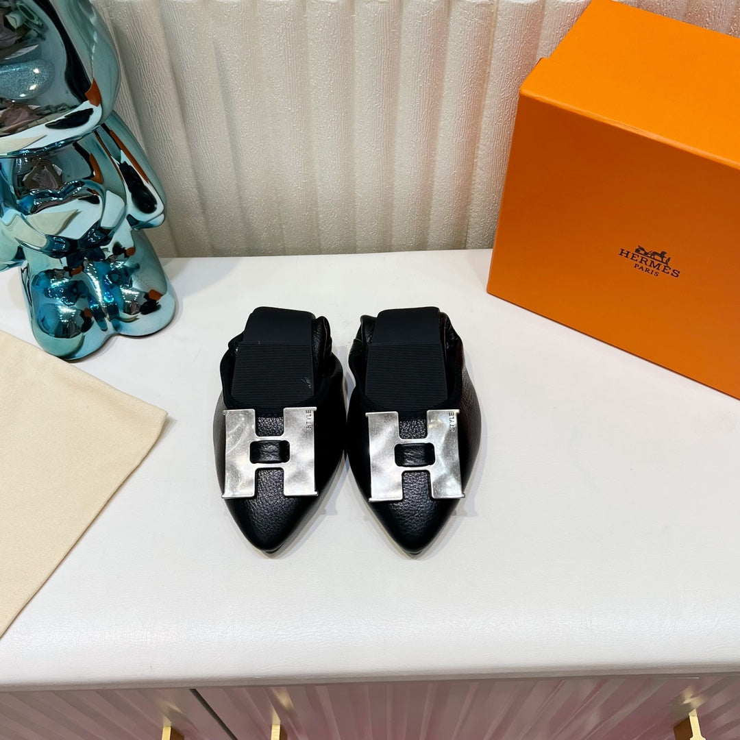 H-BUCKLE BALLLET FLAT BLACK CALFSKIN、mysite、Cacoeks