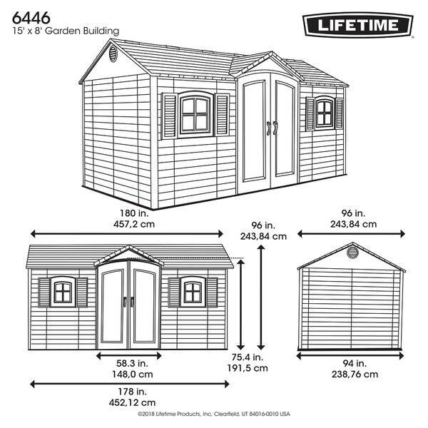 Side entry 15' wide x 8' deep plastic storage shed