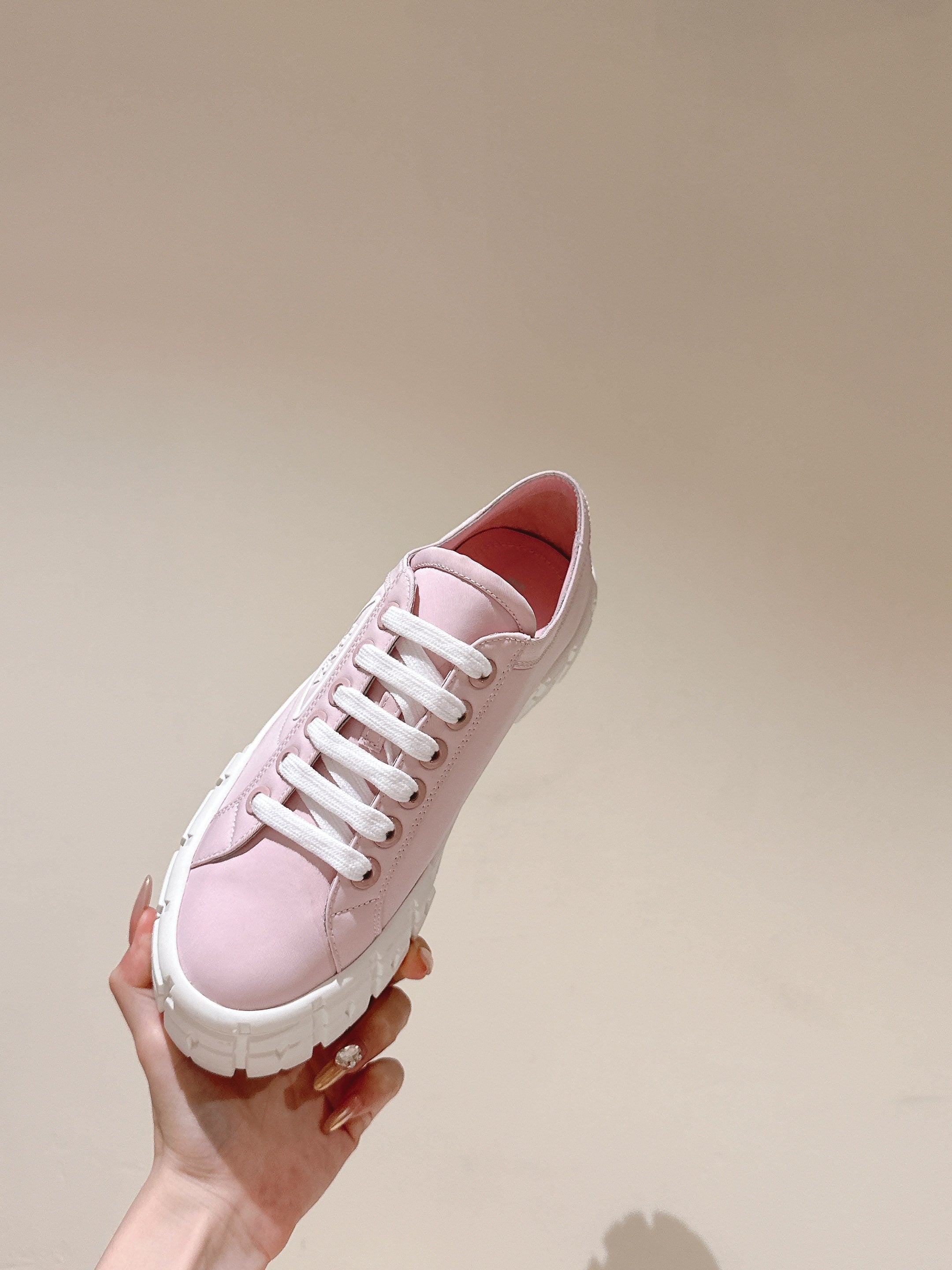 PRA DOUBLE WHEEL RE-NYLON GABARDINE SNEAKERS PASTEL PINK CALFSKIN、mysite、Cacoeks