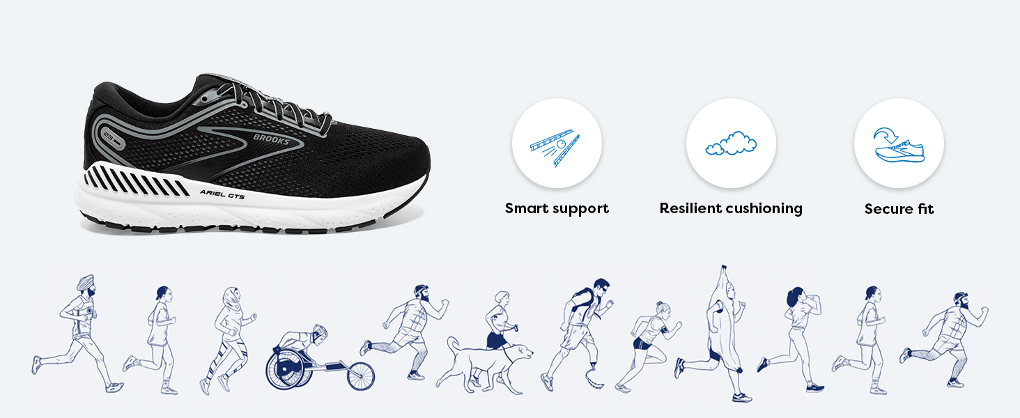 cartoon strip of runners underneath close up of the Ariel GTS 23 shoe