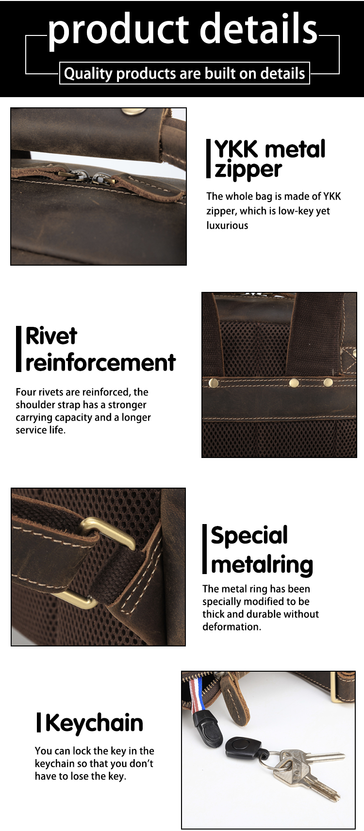 Handle, Zipper and Buckle Show of Leather Backpack