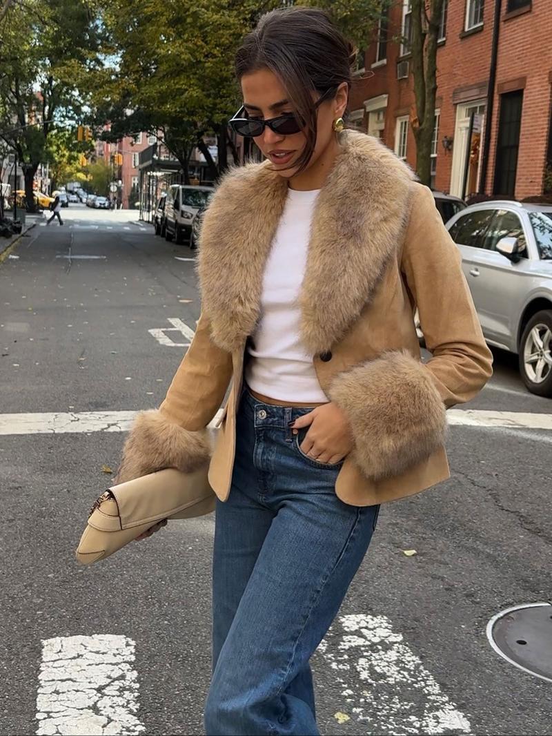 Women's Vintage Suede Jacket Coat, Faux Fur Trimmed Collar Cuffs and Button Design, Slim Fit Fall Winter Fashion Outerwear