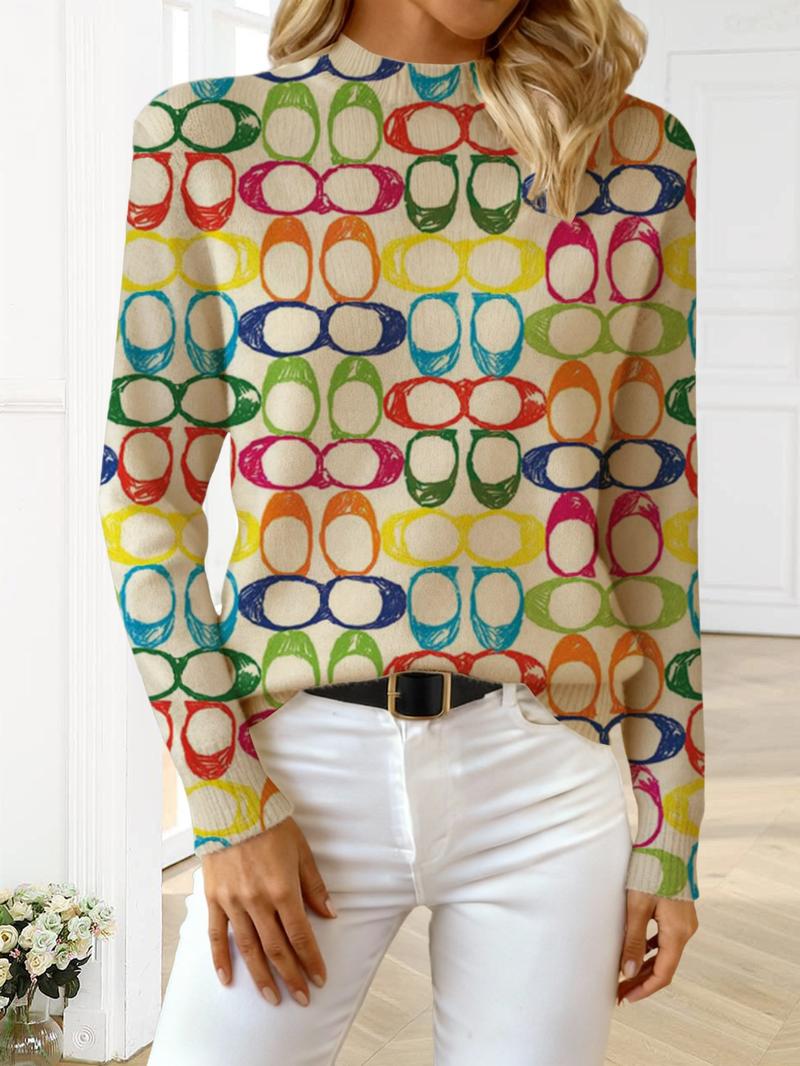 Women's Colorful Geometric Pattern Stand Collar Sweater, Fall Winter Casual Long Sleeve Knitwear, Comfortable Warm Daily Wear