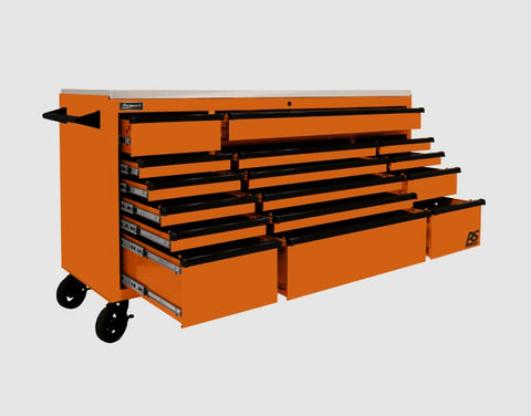 Orange RS Pro Roller Cabinet Homak 72 With Multiple Open Drawers And Black Handles