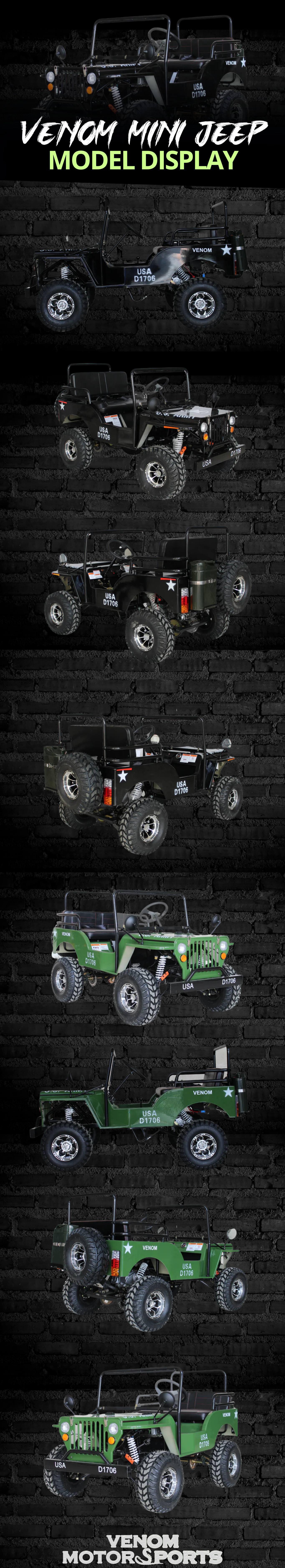 Venom Mini Jeep Deluxe 125cc Willys Photoshoot Model Display all colours