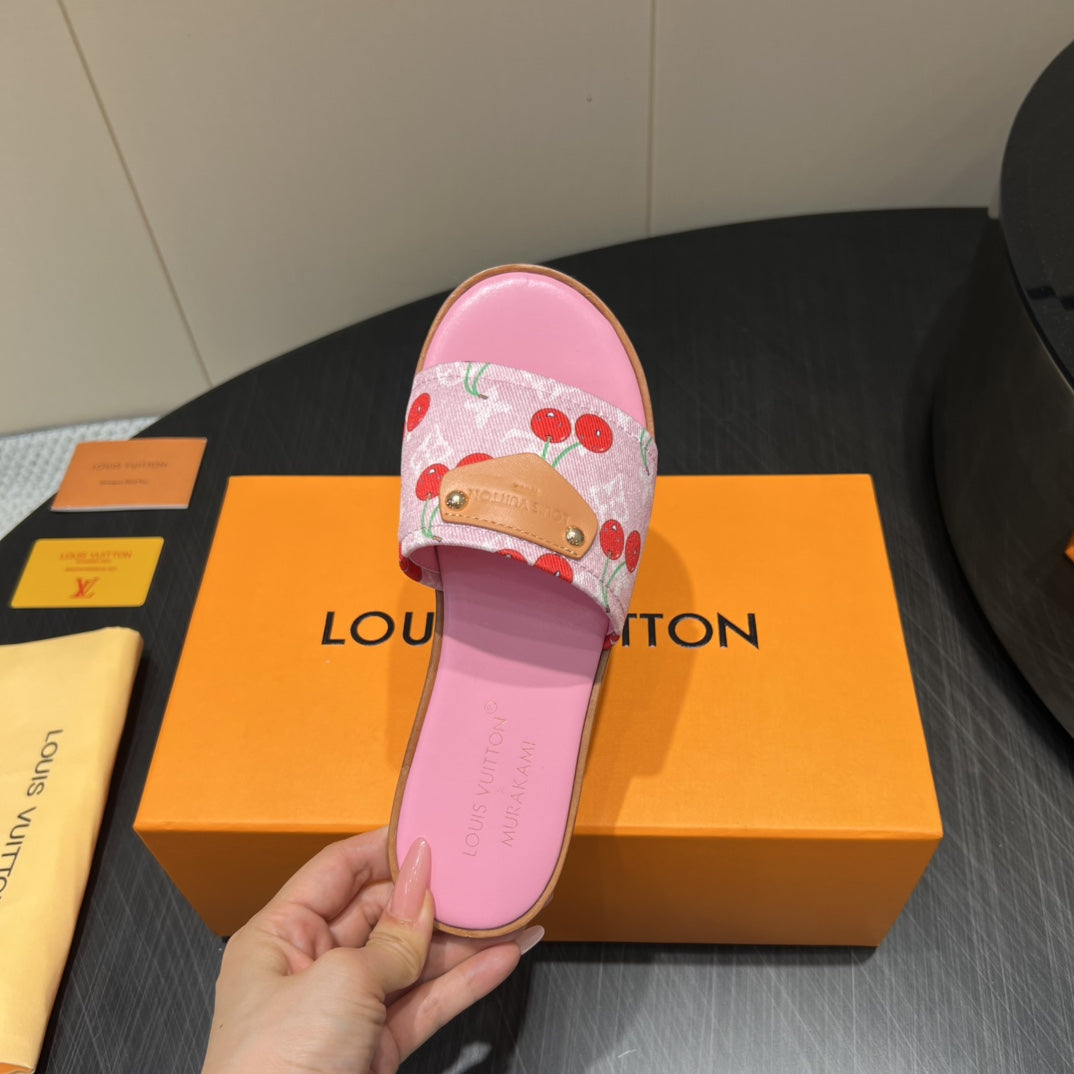 LV SLIDE SANDALS 25S IN PINK DENIM AND CALFSKIN WITH LOGO PRINT、mysite、Cacoeks