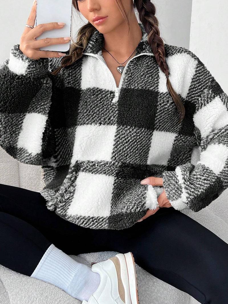 Women's Plaid Print Half Zip Drop Shoulder�Fleece�Sweatshirt, Casual Long Sleeve Stand Collar Pullover for Spring & Fall, Ladies Clothes for Daily Wear