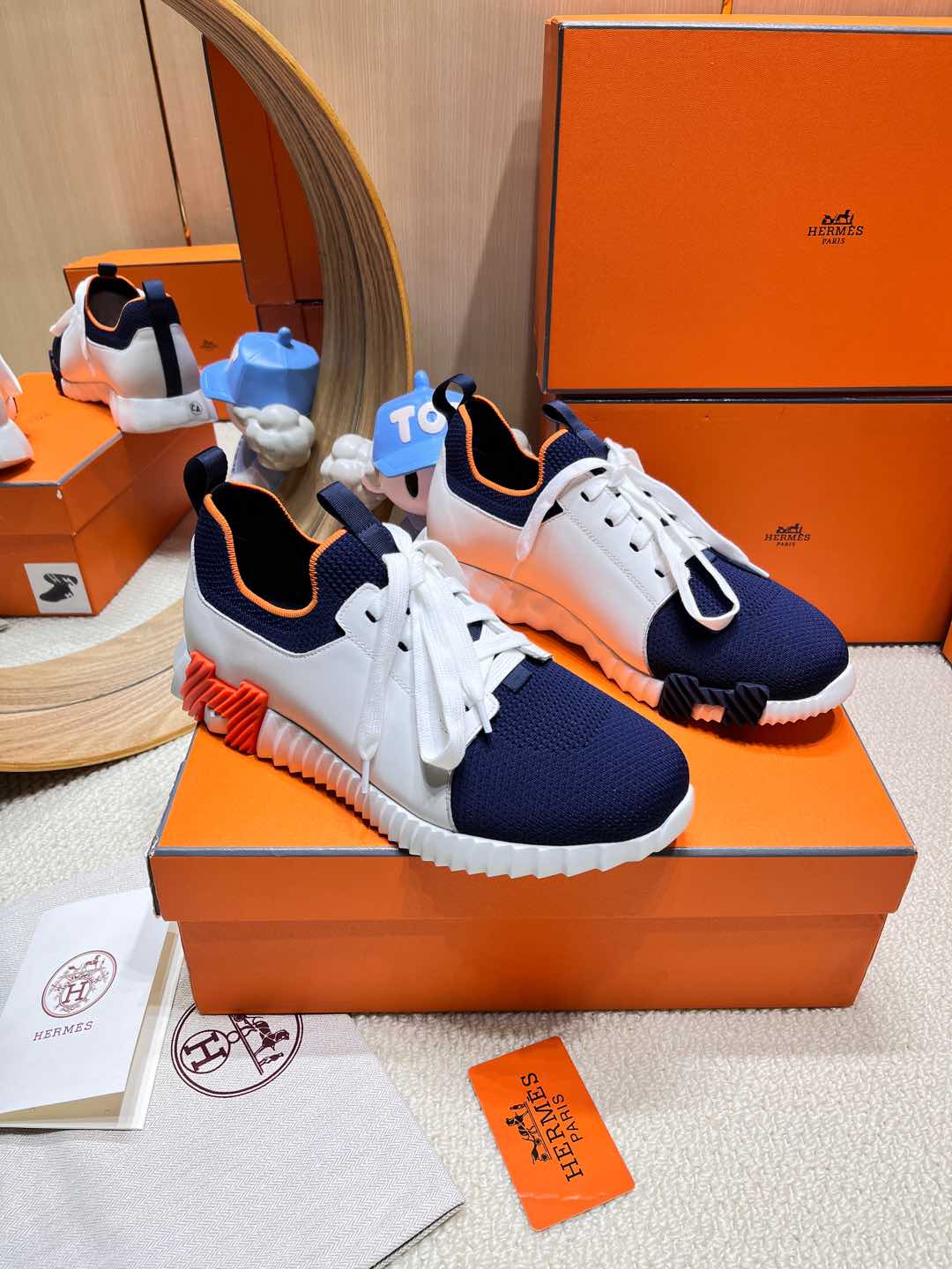 DEPART SLIP-ON SNEAKER IN NAVY BLUE KNIT AND WHITE CALFSKIN、mysite、Cacoeks