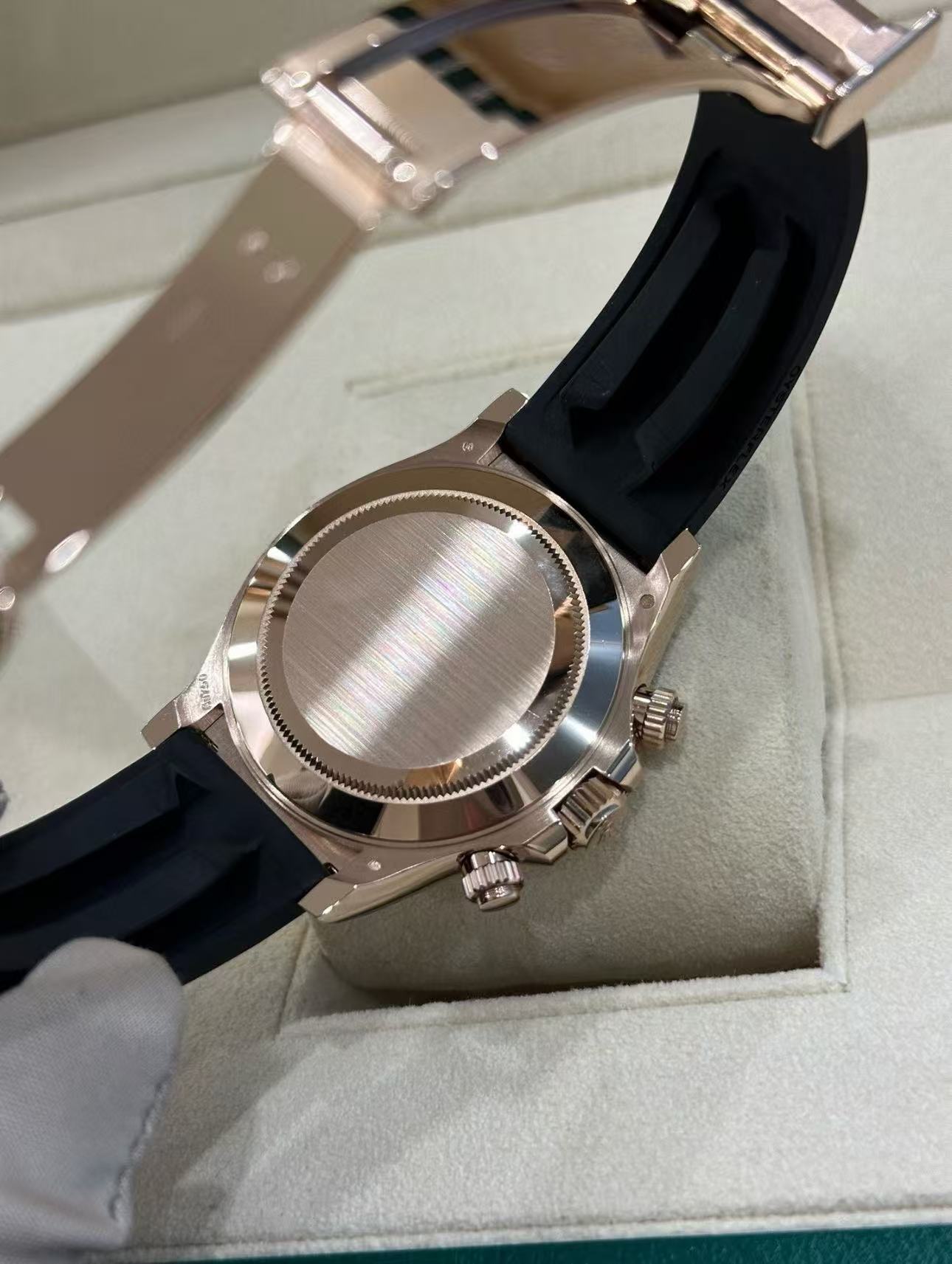 Rolex Daytona 18k Rose Gold Super Clone SwissReplica Watch OysterFlex Rubber Strap Ref 116515LN 4130 Swiss Movement