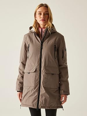 Multiple views of taupe colored utility jacket with front pockets and roll-up sleeves against neutral background.