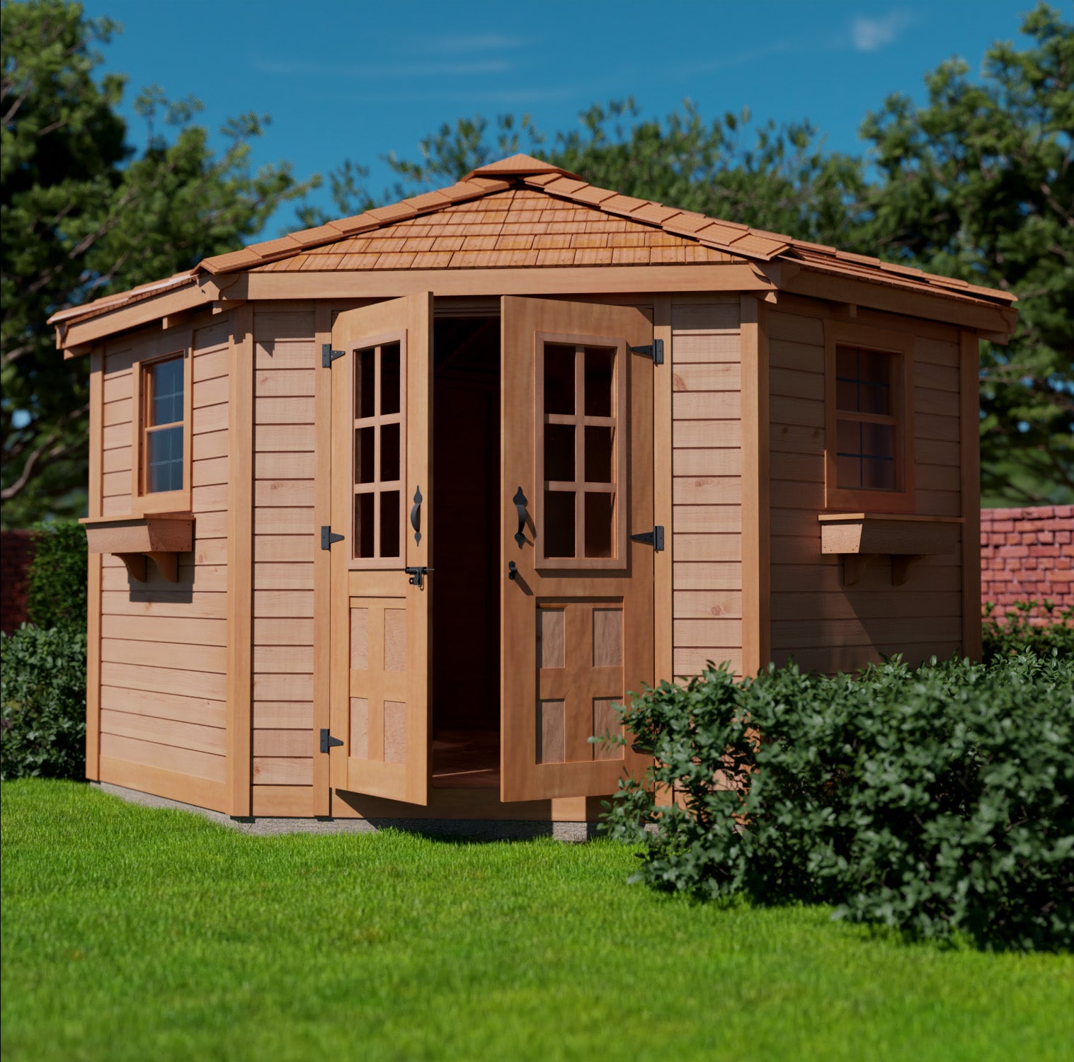 The Penthouse Garden Shed 9x9 features double door that is partially open, providing a glimpse of the interior.