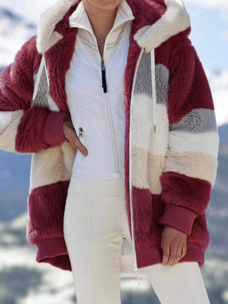 Women's Colorblock Drop Shoulder Hooded Polar Fleece Coat, Fashion Casual Long Sleeve Zip Up Warm Outerwear For Daily Outdoor Wear, Women's Clothing, Jackets