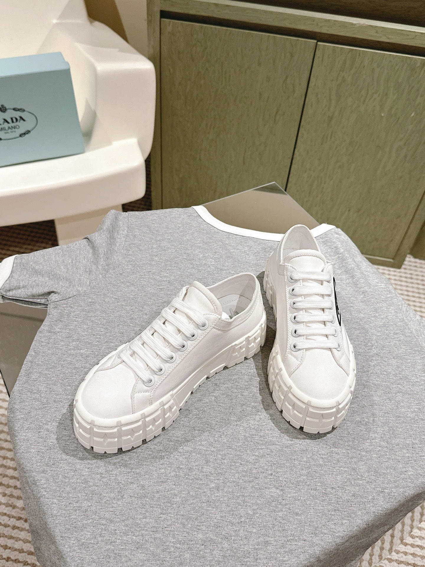 PRA DOUBLE WHEEL RE-NYLON GABARDINE SNEAKERS WHITE CALFSKIN、mysite、Cacoeks