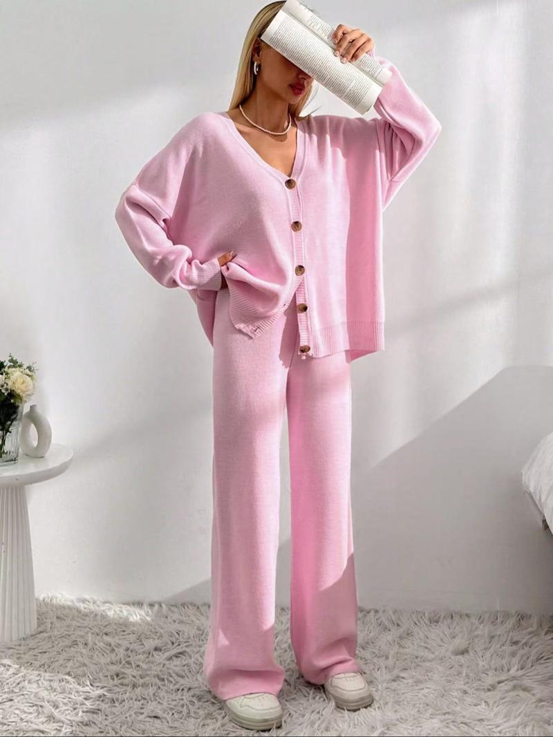 Women's Solid Button Front Drop Shoulder V Neck Cardigan & Elastic Waist Wide Leg Pants Two-piece Set, Casual Fashion Cozy Knitwear Set for Daily Outdoor Wear, Women's Knitwear for Fall & Winter