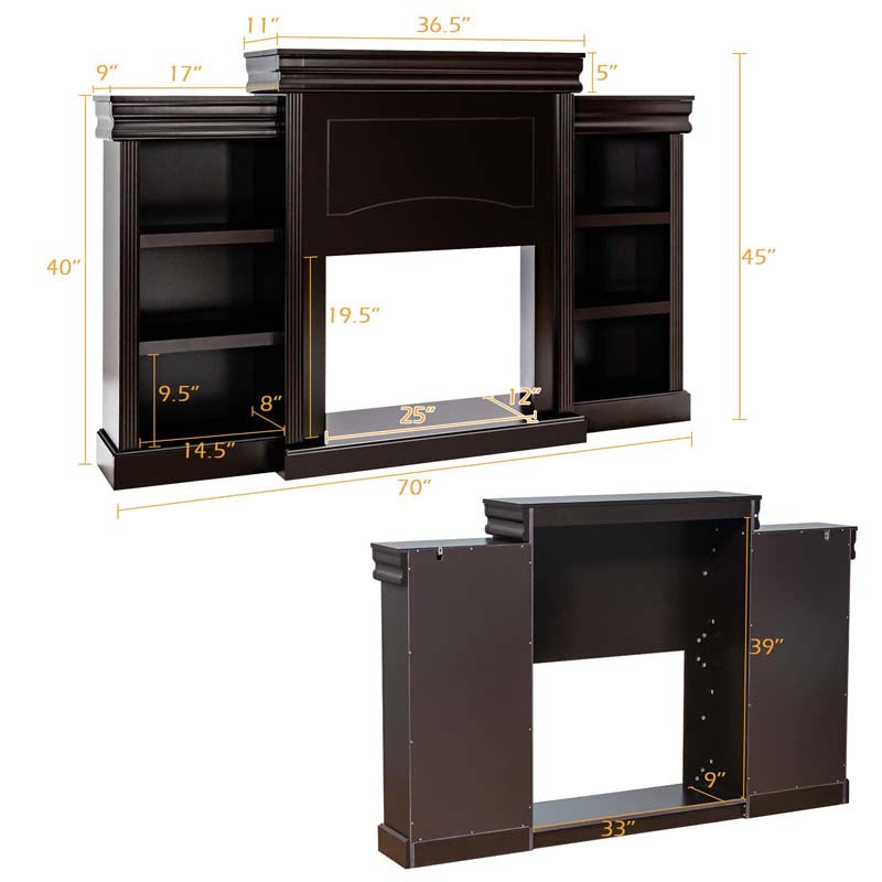 Eletriclife 70 Inch Modern Fireplace Media Entertainment Center with Bookcase