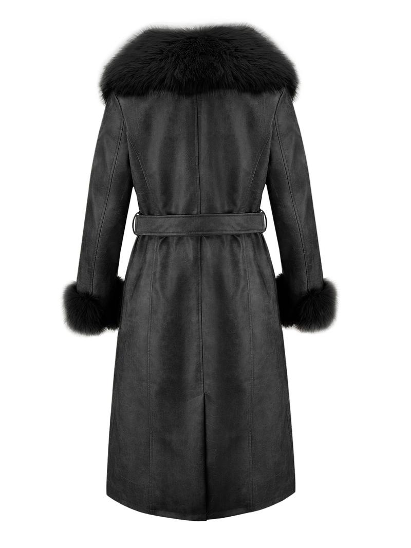 Women's Fall Winter Long Windproof Waterproof Jacket Coat, Comfortable Faux Fur Collar, Thick PU Leather, Slim Fit with Belted Design Outerwear
