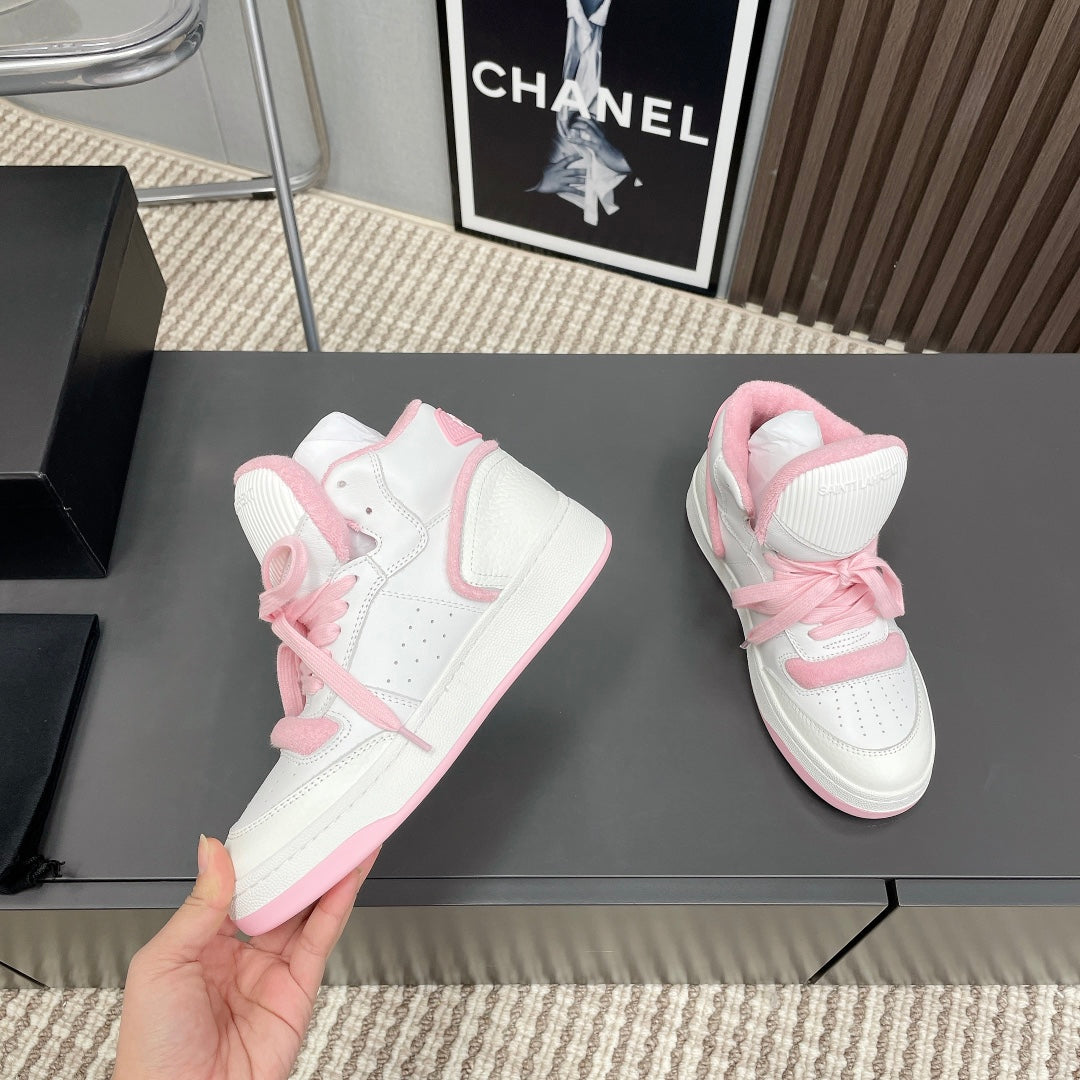 HIGH-TOP SNEAKERS IN WHITE MIX BABY PINK CALFSKIN、mysite、Cacoeks