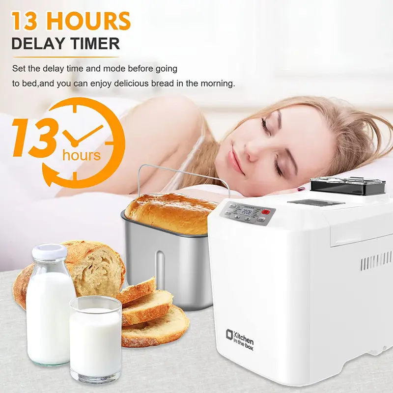 Product Introduction of Automatic Bread Maker, Up to 2LB, 12-in-1 Bread Machine with Auto Fruit Nut Dispenser, 13 H Timer, 1 H Keep Warm, Gluten-Free, 3 Crust Colors, White 7
