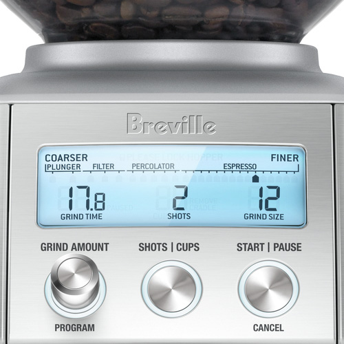 LCD screen showing the grind settings for plunger, filter, percolator and espresso coffee.