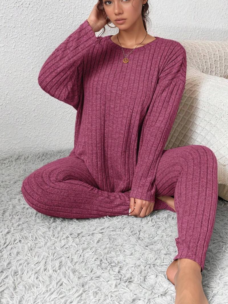 [Plus Size] Two-Piece Set Solid Drop Shoulder Top & Skinny Pants Ribbed Pajama Set, Casual Comfy Round Neck Long Sleeve Top & Trousers Set, Women's Sleepwear for Fall & Winter