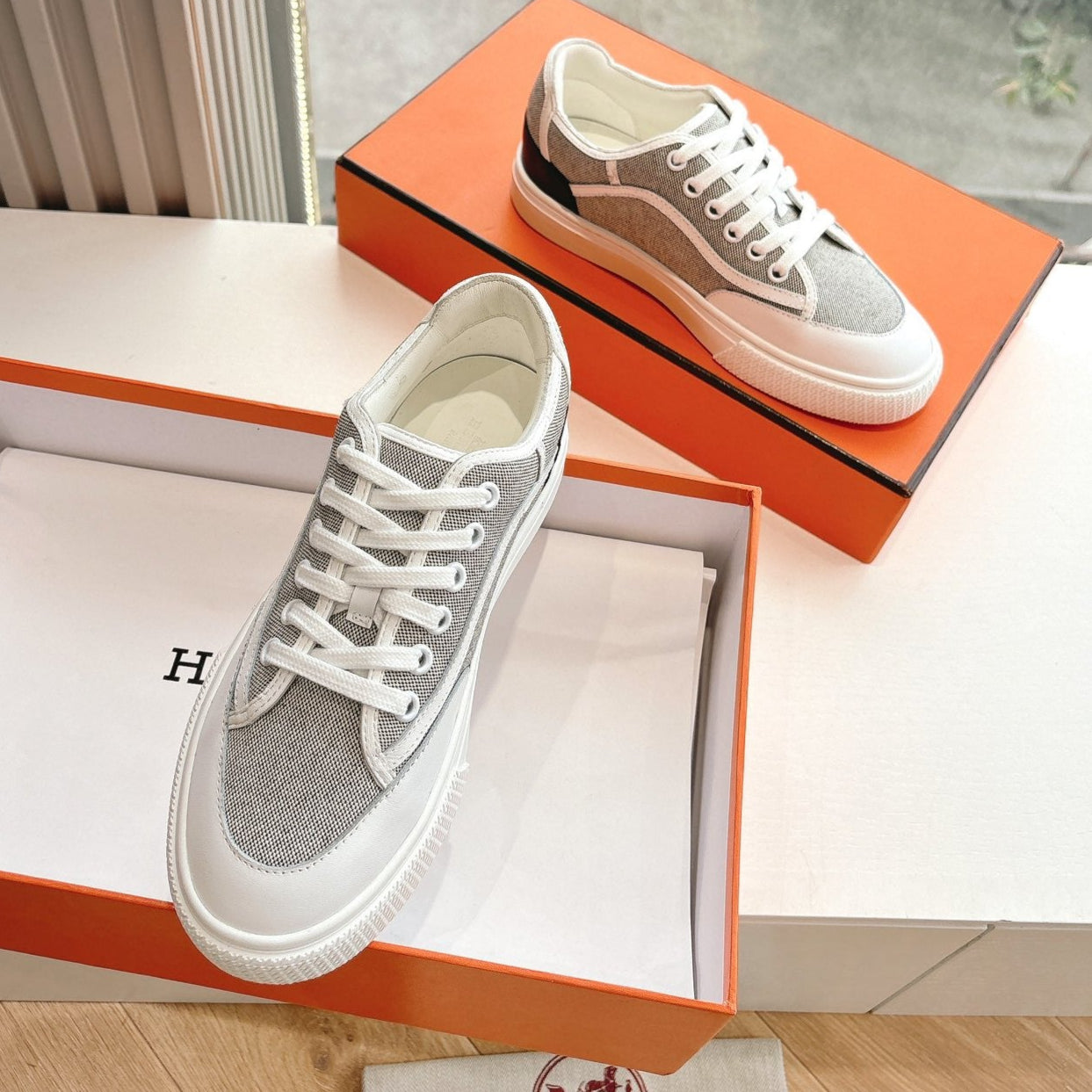 GET SNEAKER IN DOVE GRAY MAXI CANVAS AND CALFSKIN、mysite、Cacoeks