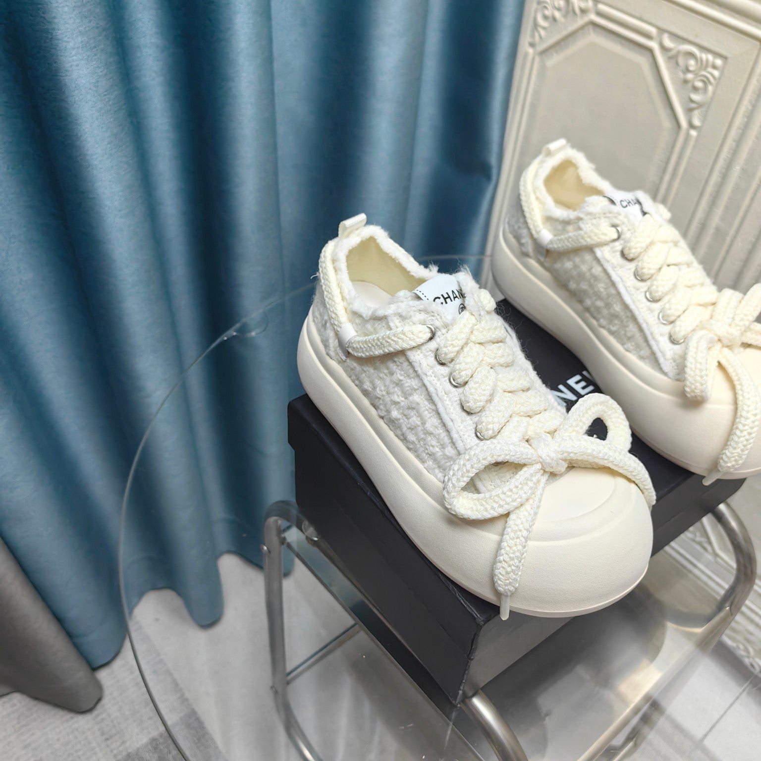 THICK-SOLED SHOES IN WHITE WOVEN WOOL、mysite、Cacoeks