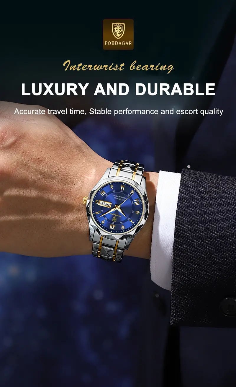 poedagar new swiss mens stainless steel quartz wristwatch students korean version of youth fashion waterproof luminous calendar mens watch details 3