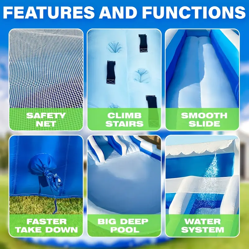 20ft blue white inflatable water slide with playground outdoor play commercial rental equipment details 3
