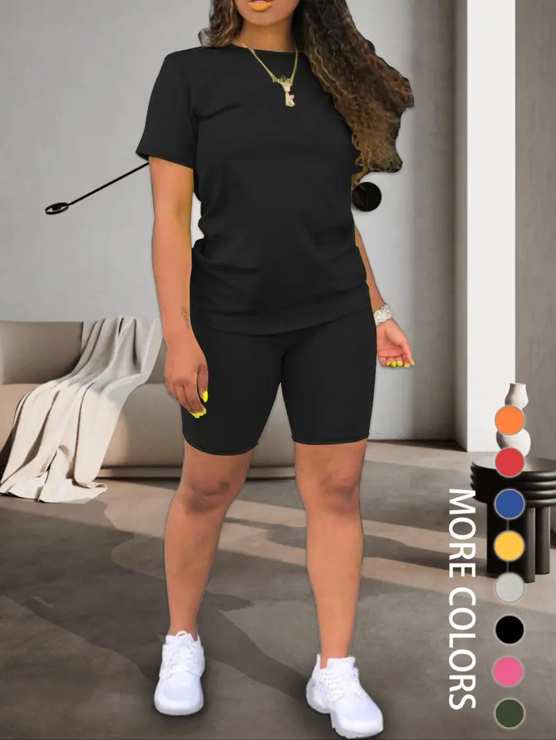 Product Introduction of Two-piece Set Women's Plain Shorts Set, Comfort Round Neck Shortsleeve Tee & Skinny Shorts, Summer Clothes Women, Back To School Outfits, Workout Set, Fitted Casual Summer Clothes for Outdoor, Tomboy Femme Outfits, Workout Sets Women, Womenswear 1