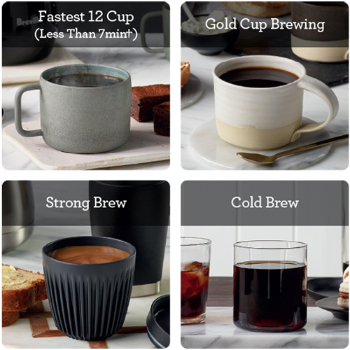 4 presets, including fastest 12 cups (in less than 7min), gold cup brewing, strong and cold brew.