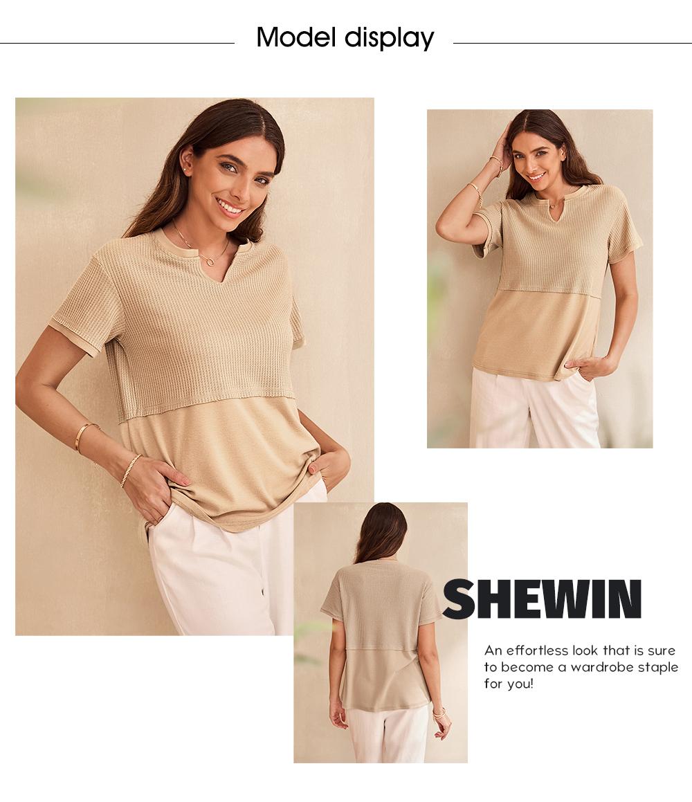 Shewin 2026 Spring/Summer Cozy Oversized Waffle Knit V-Neck Top Women's Short Sleeve Pullover Winter Layering Plus Size for Daily Wear Beach Tee SpringStatements