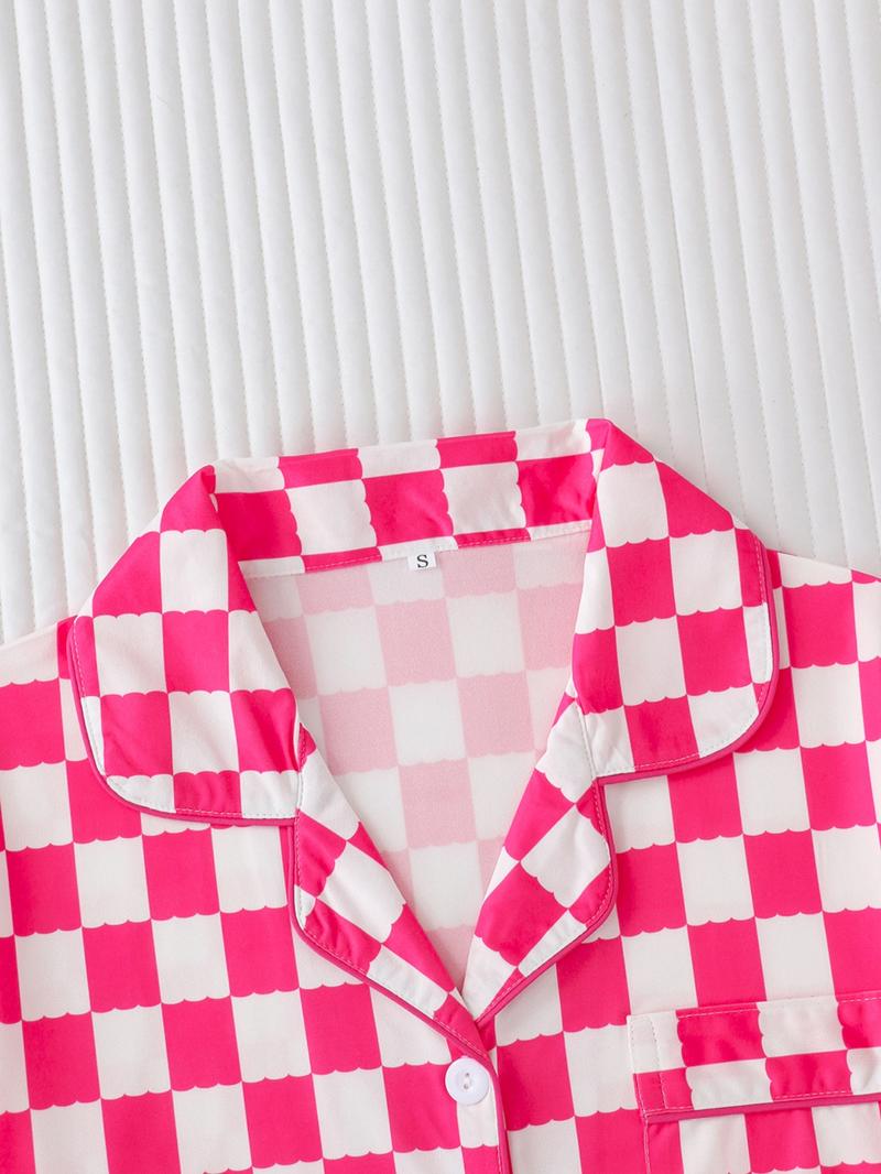 Women's Checkerboard Print Lapel Neck Pajama, Casual Comfy Short Sleeve Button Front Chest Pocket Design Top & Elastic Waist Shorts PJ Set, Ladies Summer Sleepwear