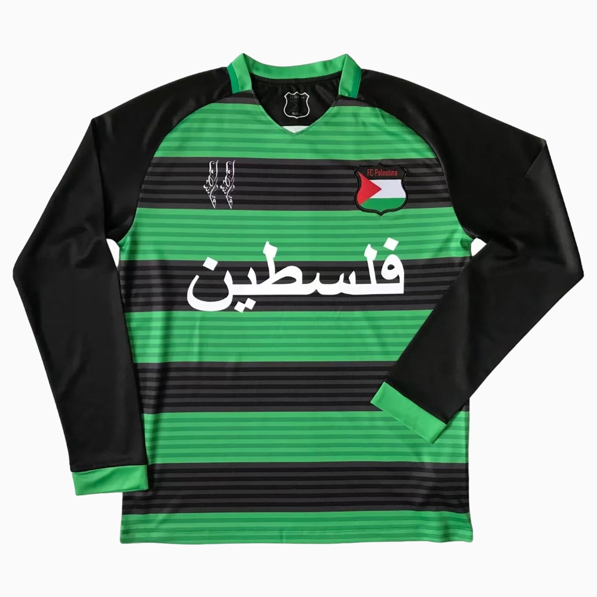Higojerseys-FC Palestina 24 - 25 Black and Green Horizontal Striped Long Sleeve Jersey - With Arabic and Patterns