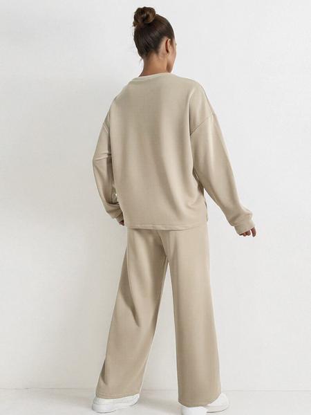 Women's Casual Solid Color Loose Long Sleeve Top & Exposed Stitches Trousers Co-ord