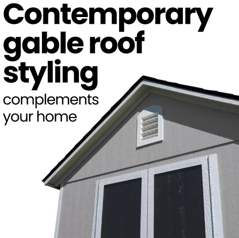Close-up of the contemporary gable roof styling of a Handy Home Meridian shed, enhancing home aesthetics.