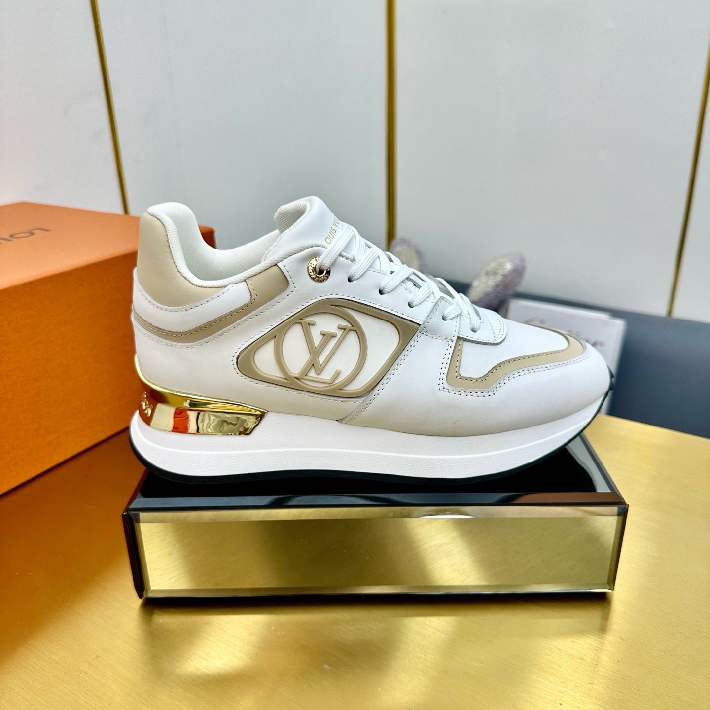 NEO RUN AWAY SNEAKER IN WHITE MIX GOLD CALFSKIN、mysite、Cacoeks