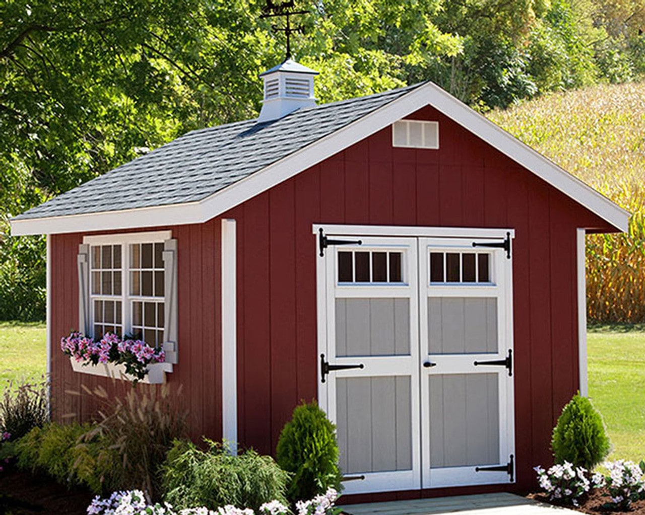 Homestead shed kit red on the backyard