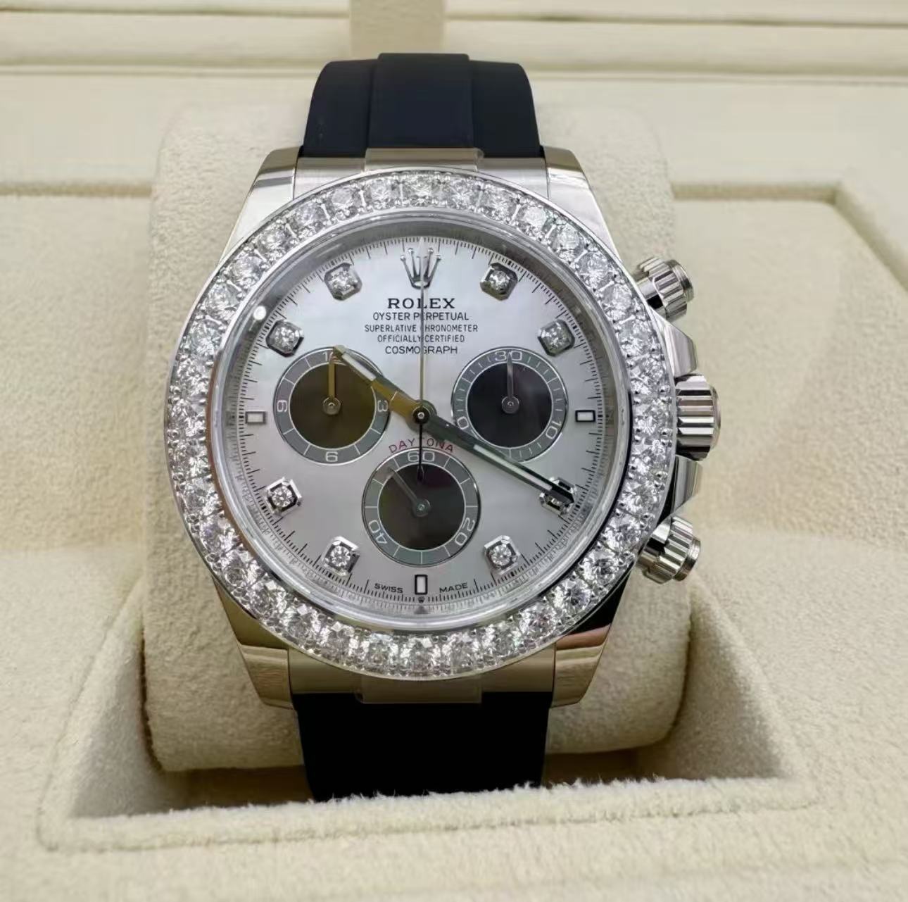 RolexCosmograph Daytona Oyster, 40 mm, white gold and diamonds Super Clone Swiss Watch Ref M126589RBR-0001 4131 Swiss Movement