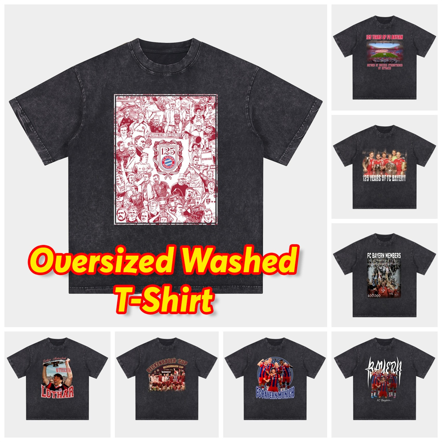 Higojerseys-Bayern Munich 2025 125th Anniversary Memory Fragments Oversized Washed T-Shirt