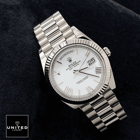 Rolex Day-Date 228239 Stainless Steel white dial black backround