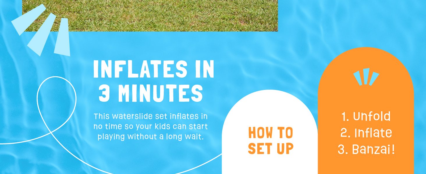 Information about the bouncy pool slide. Text reads: Inflates in 3 minutes.  
