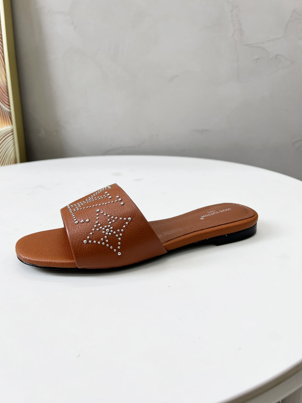 FLAT SLIDE IN BRONZE BROWN LAMBSKIN WITH RHINSTONES、mysite、Cacoeks