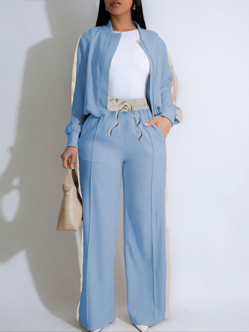 Two-piece Set Women's Patchwork  Top & Wide Leg Pants Set, Casual Long Sleeve  Outerwear & Pants for Daily Wear, Ladies Summer Clothes