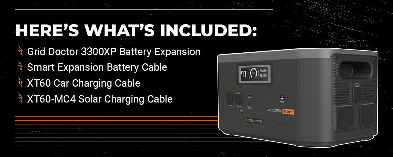 Here’s what’s included: Grid Doctor 2200XP Battery Expansion, Smart Expansion Battery Cable, XT60 Car Charging Cable, XT60-MC4 Solar Charging Cable