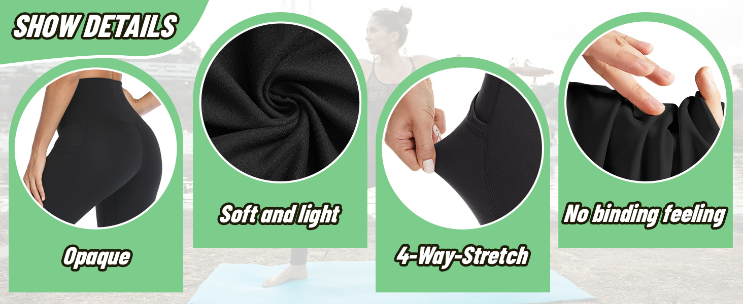 Black fabric swatch showcasing features: opaque, soft and light, 4-way stretch, and no binding feeling. Close-up views demonstrate texture and elasticity.