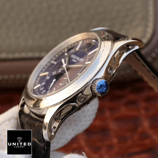 Patek Philippe Steel Case Blue Dial Replica side view crown