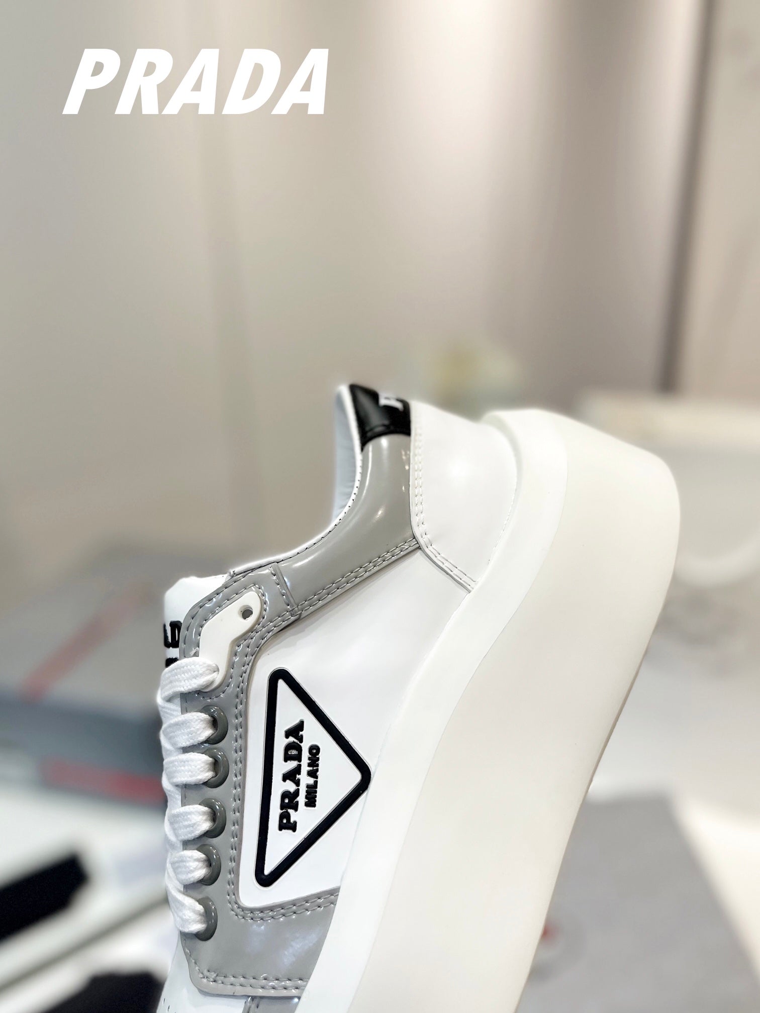 PRA DOWNTOWN THICK-SOLE SNEAKERS WHITE AND GRAY CALFSKIN、mysite、Cacoeks