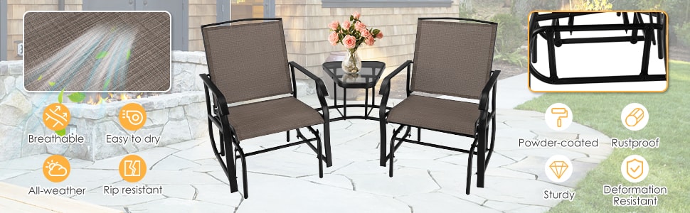 2-Seat Patio Rocking Chair Outdoor Double Glider with Glass Table & Umbrella Hole